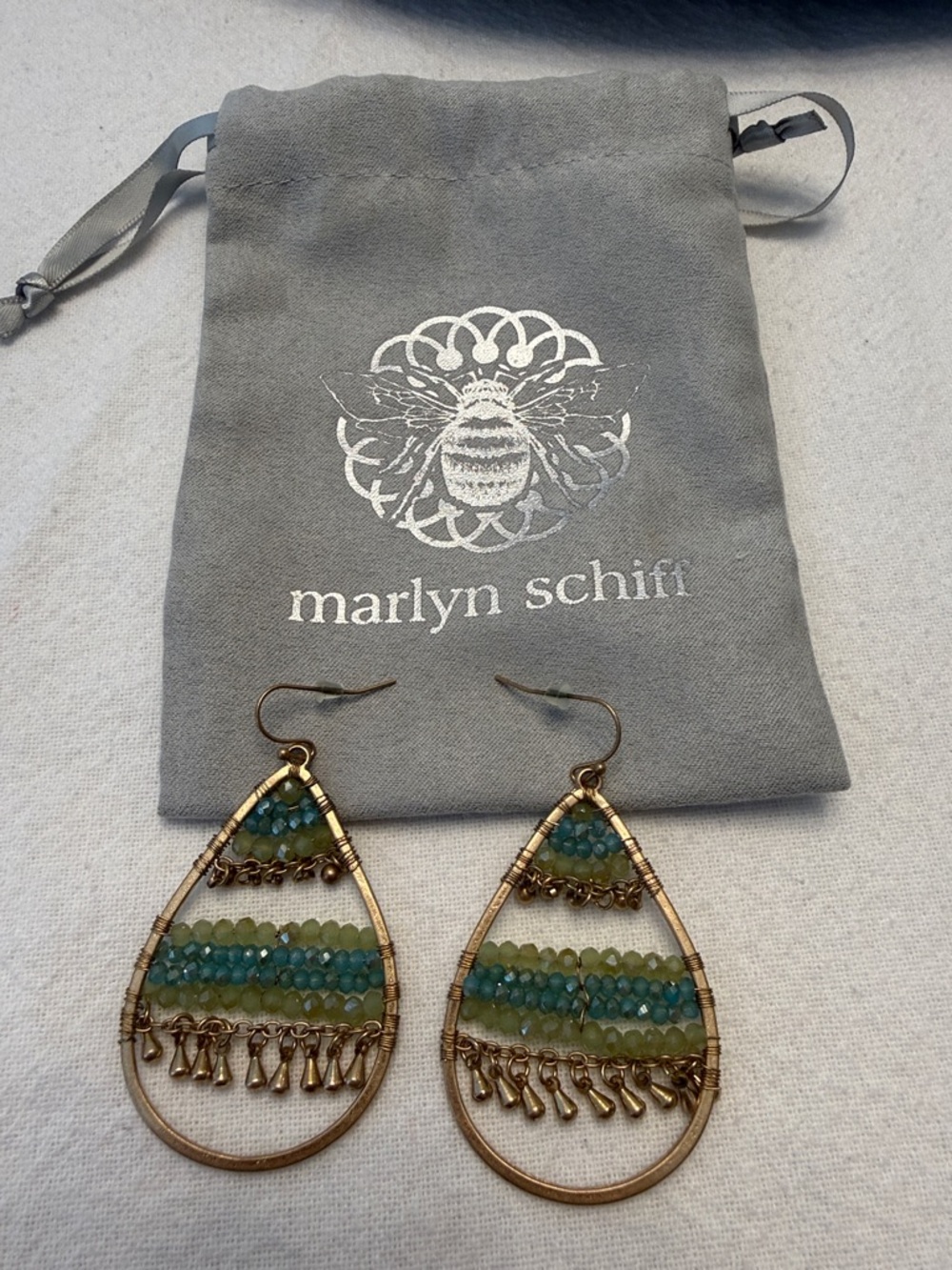 Marlyn Schiff Gold-Tone Teardrop Earrings with Green and Aqua Beads